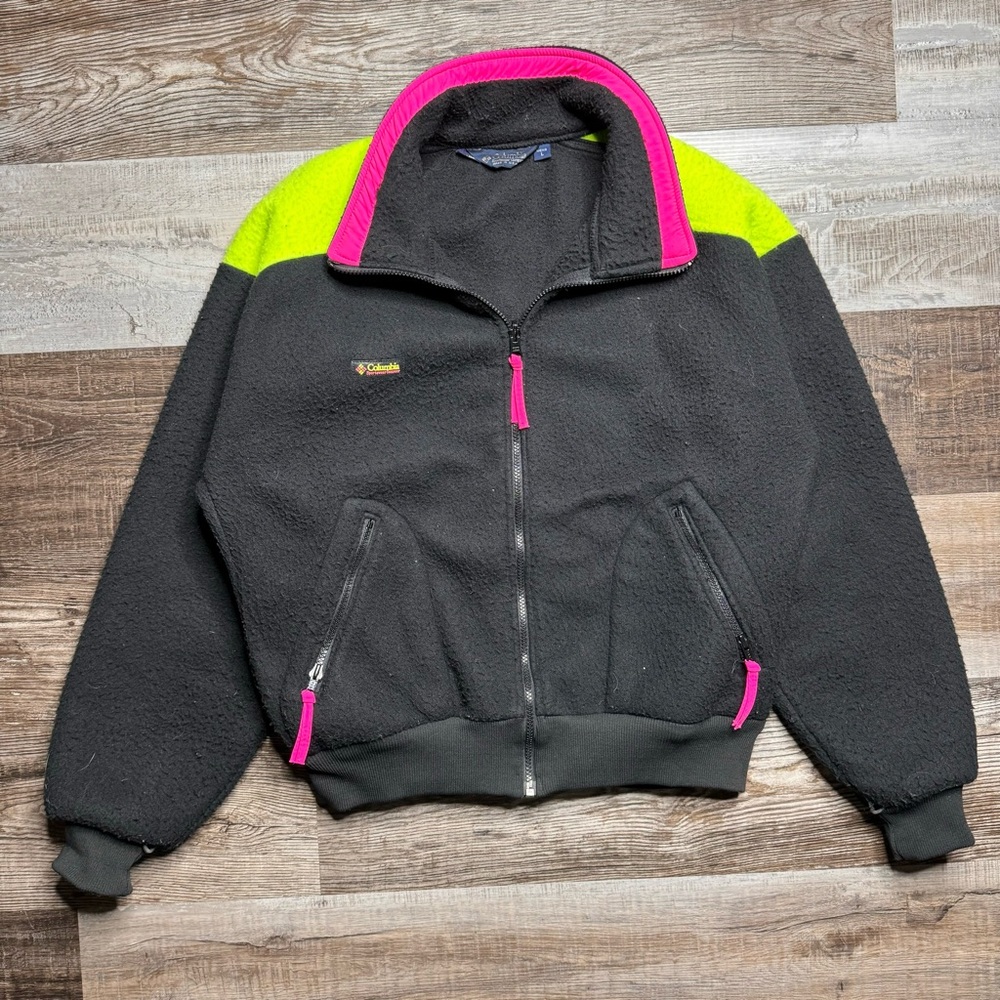 Vintage Columbia Sportswear Fleece Jacket Neon Black and Pink Zip Up Mens Radial